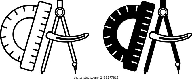 Geometry icons. Black and White Vector Icons of Compasses and Protractor. Tools for Drawing. Stationery Supplies for Geometry Lesson. Education and School Concept