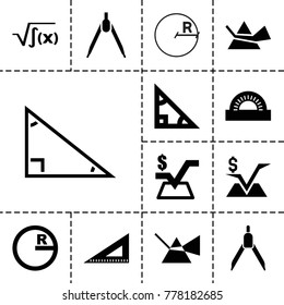 Geometry icons. set of 13 editable filled geometry icons such as mathematical square, ruler, compass, triangle, circle, intersection, protractor