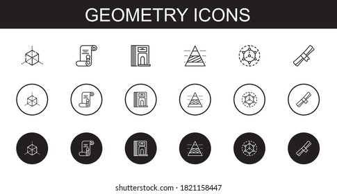 geometry icons set. Collection of geometry with cube, degree, divider, pyramid chart, modeling. Editable and scalable geometry icons.