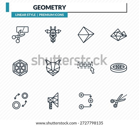 geometry icons set - cut, polygonal giraffe, octahedron, disk, trim outline vector collection.