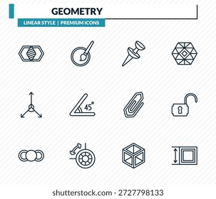 conjunto de ícones de geometria - junção, seleção rápida, pin push, desbloqueio, coleção de vetor de outline de dimensão.