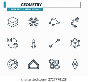 conjunto de ícones de geometria - camada, moinho de vento poligonal, linha, cubo de metatron, coleção de vetores de contorno de rhomb poligonal.
