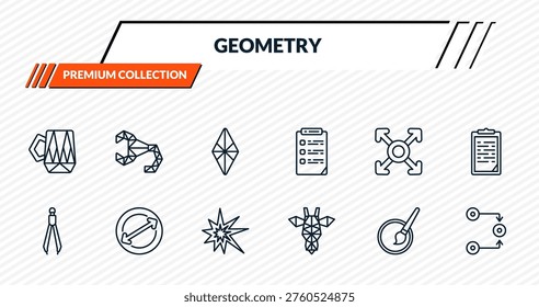 geometry icons set - polygonal coffee cup, polygonal scorpion, polygonal rhomb, diameter, flow outline vector collection.