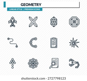 conjunto de ícones de geometria - avião a jato poligonal, texto, icosaedro, explodir, coleção de vetores de contorno de escorpião poligonal.