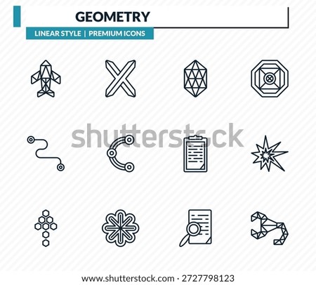 geometry icons set - polygonal jet aircraft, text, icosahedron, explode, polygonal scorpion outline vector collection.