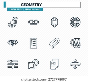 geometry icons set - redo, break, polygonal jewel, polygonal coffee cup, stretch outline vector collection.