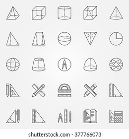 Geometry icons set - vector set of linear mathematics and geometry signs or logo elements for school or university. Geometrical figures education symbols