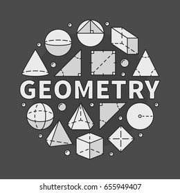 Geometry illustration - vector circular sign made with geometric shapes and word GEOMETRY in center on dark background