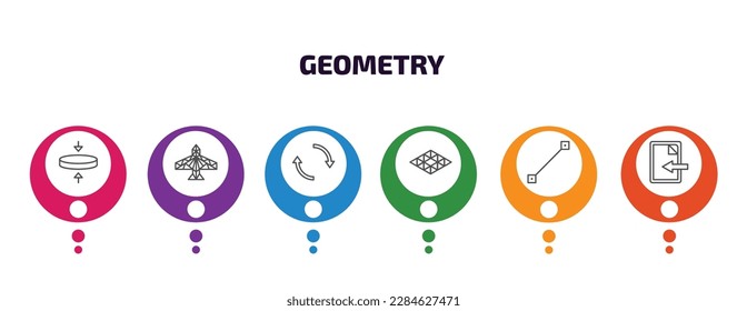geometry infographic template with icons and 6 step or option. geometry icons such as flatten, polygonal jet aircraft, reverse, polygonal rhomb, lengthen, import vector. can be used for banner, info