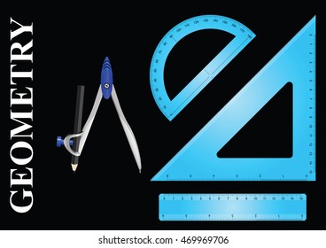 Geometry instrument set consisting of ruler protractor setsquare and compass on black background 
