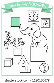 Geometry for kids. Color in only squares. Coloring book. Education for preschoolers. Format A4.