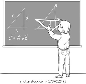 En una lección de geometría, un estudiante se basa en la pizarra