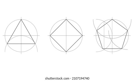 Geometrieunterricht, technische geometrische Konstruktion eines gleichseitigen Dreiecks, Quadrat und Fünfeck, zweidimensionale Formen, geometrische Zeichnung in schwarzen Linien, Vektorgrafik einzeln auf weißem Hintergrund