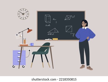 Geometry lesson, A young female Caucasian teacher or student standing next to a chalkboard