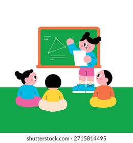 Lección de Geometría para Jóvenes Estudiantes. Una estudiante de primaria presentándose con confianza frente a sus amigos.