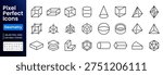 Geometry line icon set. Cube, sphere, pyramid, cylinder, cone, torus, prism, octahedron, minimal vector illustrations geometric shapes. Simple outline signs. 48x48 Pixel Perfect. Editable Stroke