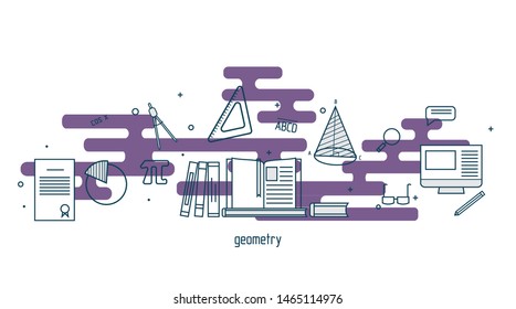 Geometry linear illustration set. Modern color thin line concept of Geometry for school, university and training. Vector illustration with different elements on the subject Geometry