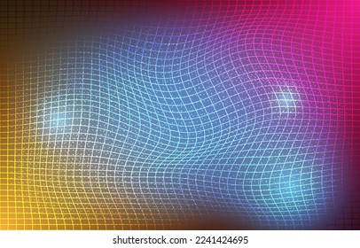 Geometría hecha con puntos y líneas de cuadrícula. Resumen de la tecnología de fondo de gradiente colorido. Ola de flujo con un paisaje de puntos y líneas de tabla. Estructura de datos digitales. Malla futura o rejilla de sonido. Vector
