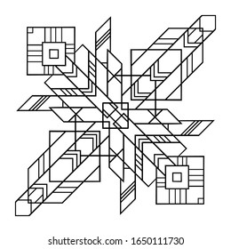 Geometry mandala with stripes, rectangles and small patterns on white isolated background. For coloring book pages.