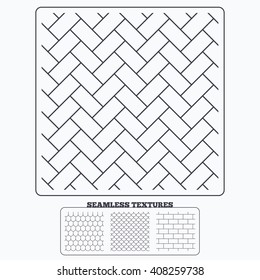 Geometry material design textures. Bricks, tile roof and paving stone seamless textures. Linear geometric patterns. Modern textures. Seamless patterns.