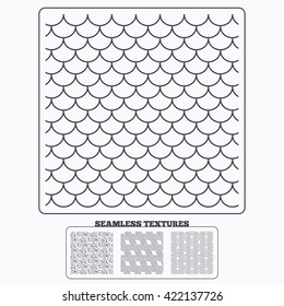 Geometry material design textures. Floral ornament, roof tiles and hex seamless textures. Linear geometric patterns. Modern textures. Seamless patterns.