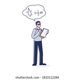 Geometry or math teacher counting in mind. Cartoon male scientist or university professor in math isolated on white background. Linear vector illustration
