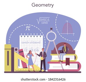 Geometry. Mathematician seek and use scientific pattern and research to formulate new calculation. Math analysis and conjecture computing. Vector illustration.