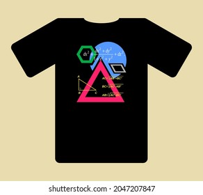 Geometry, mathematics, the Pythagorean formula on the background of colored geometric shapes, print on a T-shirt. 
