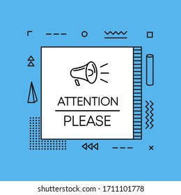 Geometry megaphone with attention please speech bubble.  Banner for business, marketing and advertising on blue background. Vector illustration.