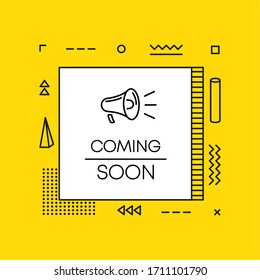 Geometry megaphone with coming soon speech bubble.  Banner for business, marketing and advertising on yellow background. Vector illustration.