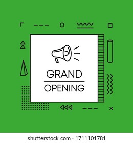 Geometry megaphone with grand opening speech bubble.  Banner for business, marketing and advertising on green background. Vector illustration.