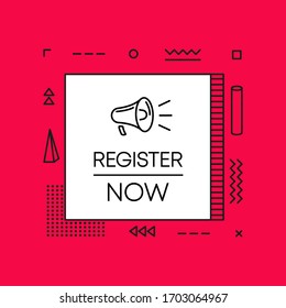 Geometry megaphone with register now speech bubble.  Banner for business, marketing and advertising on red background. Vector illustration.