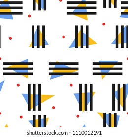 Geometry memphis 80's style seamless pattern. Abstract vector illustration for poster design, flyer, greeting card, invitation. Triangles, stripes, dots.