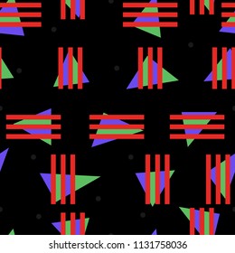 Geometry memphis 80's style seamless pattern. Abstract vector illustration for poster design, flyer, greeting card, invitation, banner, web design. Triangles, stripes, dots.
