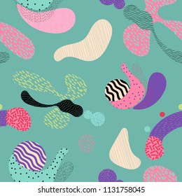 Geometry memphis 80's style seamless pattern. Abstract vector illustration for poster design, flyer, greeting card, invitation, banner, web design. Bubble shapes with strokes and dots.