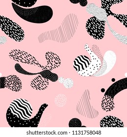 Geometry memphis 80's style seamless pattern. Abstract vector illustration for poster design, flyer, greeting card, invitation, banner, web design. Bubble shapes with strokes and dots.