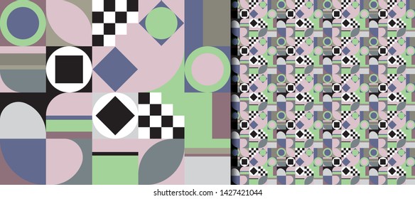 Geometry is a minimalistic seamless pattern with simple shapes and shapes. Abstract vector backgrounds in scandinavian style. Chess board. Printing, branding, website, fashion, wallpaper, decoration.