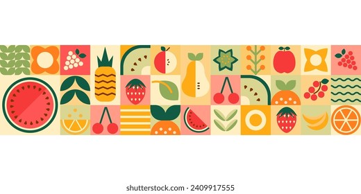 Frutos de mosaico geométrico sin soldadura borde Resumen mínimo frutas de verano, bayas, hojas de pancarta repetida. Plantas orgánicas vectoriales simples. Ilustración geométrica de la fruta.