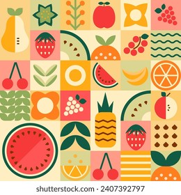 Geometry mosaic fruit seamless pattern. Abstract minimal summer fruits, berries, leaves repeat background banner. Vector natural organic plant simple shapes. Tasty wallpaper, textile, wrapping paper