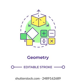 Icono de concepto de geometría multicolor. Asignatura escolar. Operaciones matemáticas. Formas geométricas. Concepto educativo. Ilustración de línea de forma redonda. Abstractas idea. Diseño gráfico. Fácil de usar en el artículo