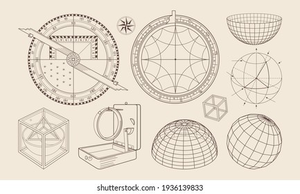 Geometry, navigation, and astronomy. Professional education. Measuring tools and geometric shapes.