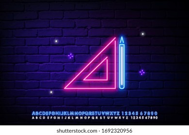 Geometría De La Etiqueta Neon. Dibujo vectorial de un gobernante y un lápiz en un brillante estilo neón con texto que promueve la educación.