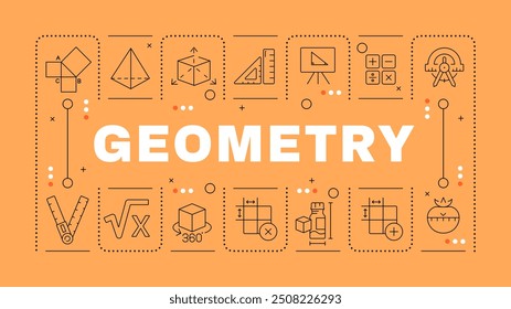 Conceito de palavra laranja de geometria. Matéria escolar. Classe de trigonometria. Educação em matemática. Imagem vetorial horizontal. Texto do título delimitado por ícones de estrutura de tópicos editáveis