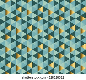 geometry ornament repeatable pattern. Christmas elegant seamless pattern. gold and green abstract festive vector illustration. triangle textured 3d background motif