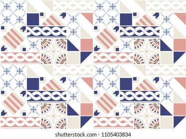 Geometry pattern in traditional Portugal style. Vector seamless pattern of color squares and triangles on a white background whit ornament and weave