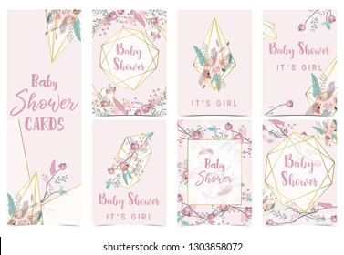 Geometry pink gold baby shower invitation card with rose,leaf,ribbon,wreath,feather and frame
