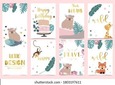 Geometry pink gold boho invitation card with rose,leaf,wreath,feather,bear,fox and frame