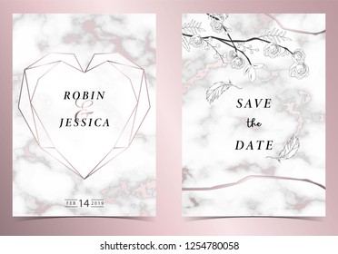 Geometry pink gold outline wedding invitation card with rose,leaf,wreath,feather drawing and frame