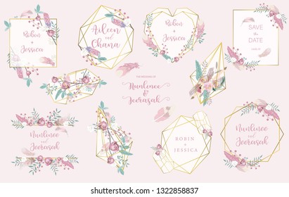 Geometry pink gold wedding invitation card with rose,leaf,ribbon,wreath,feather,heart and frame