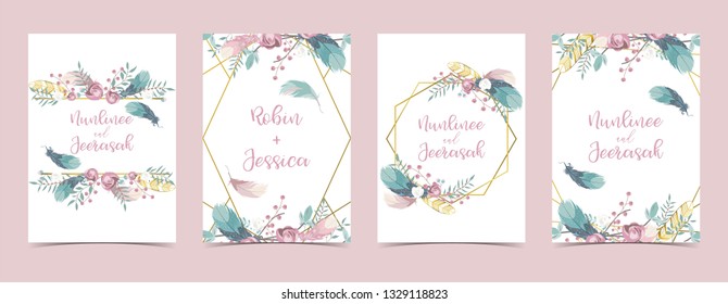 Geometry pink gold wedding invitation card with rose,leaf,ribbon,wreath,feather and frame